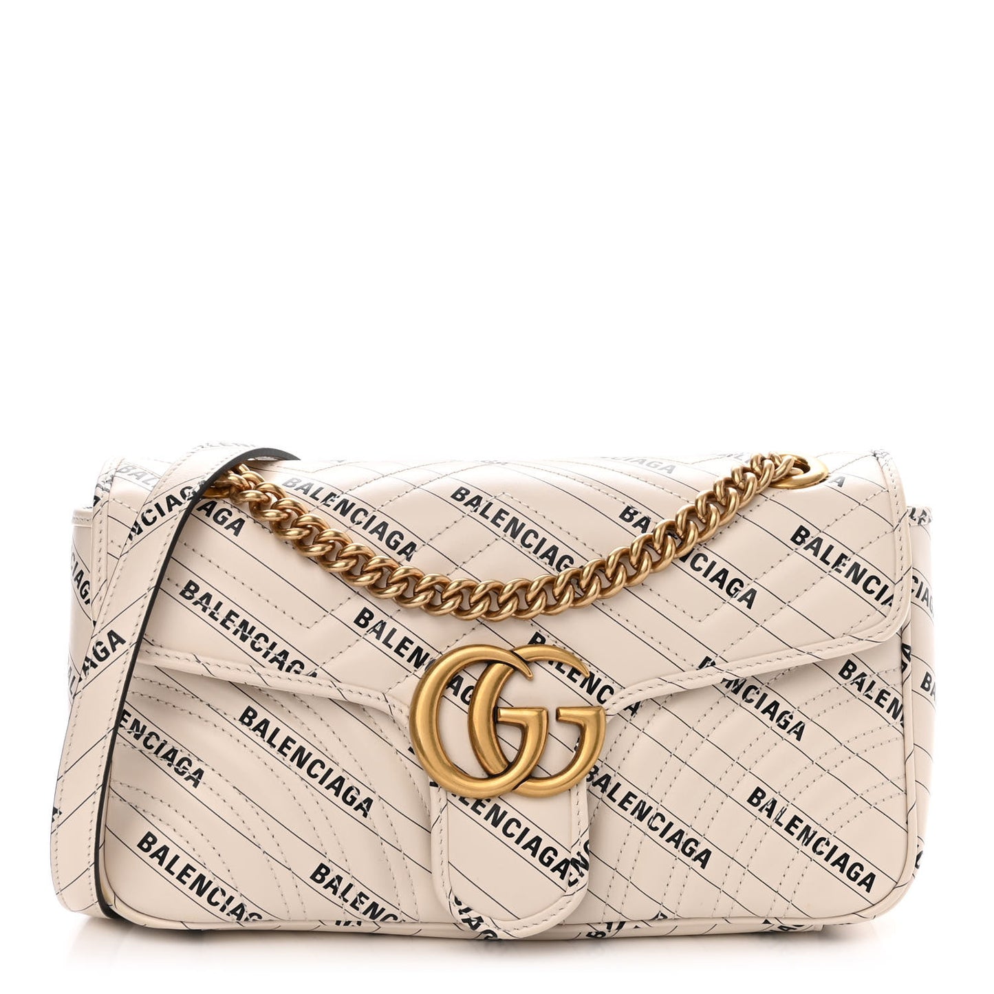 X BALENCIAGA Calfskin Matelasse Logo Print Small GG Marmont Shoulder Bag White