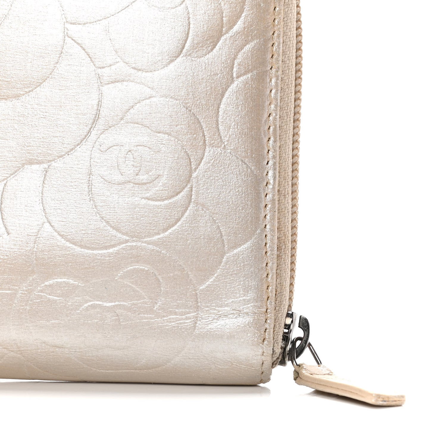 Lambskin Camellia Embossed Zip Around Organizer Wallet Light Beige