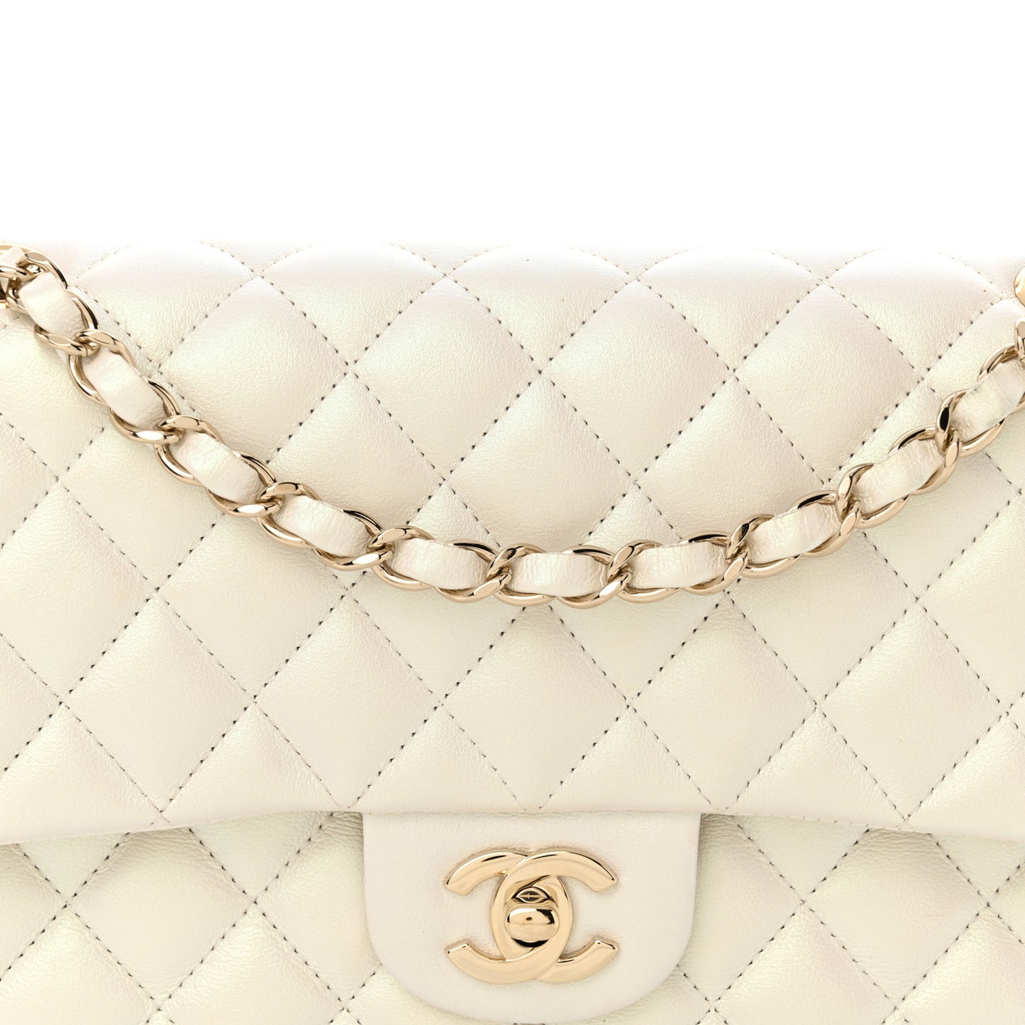 Iridescent Calfskin Quilted Medium Double Flap White