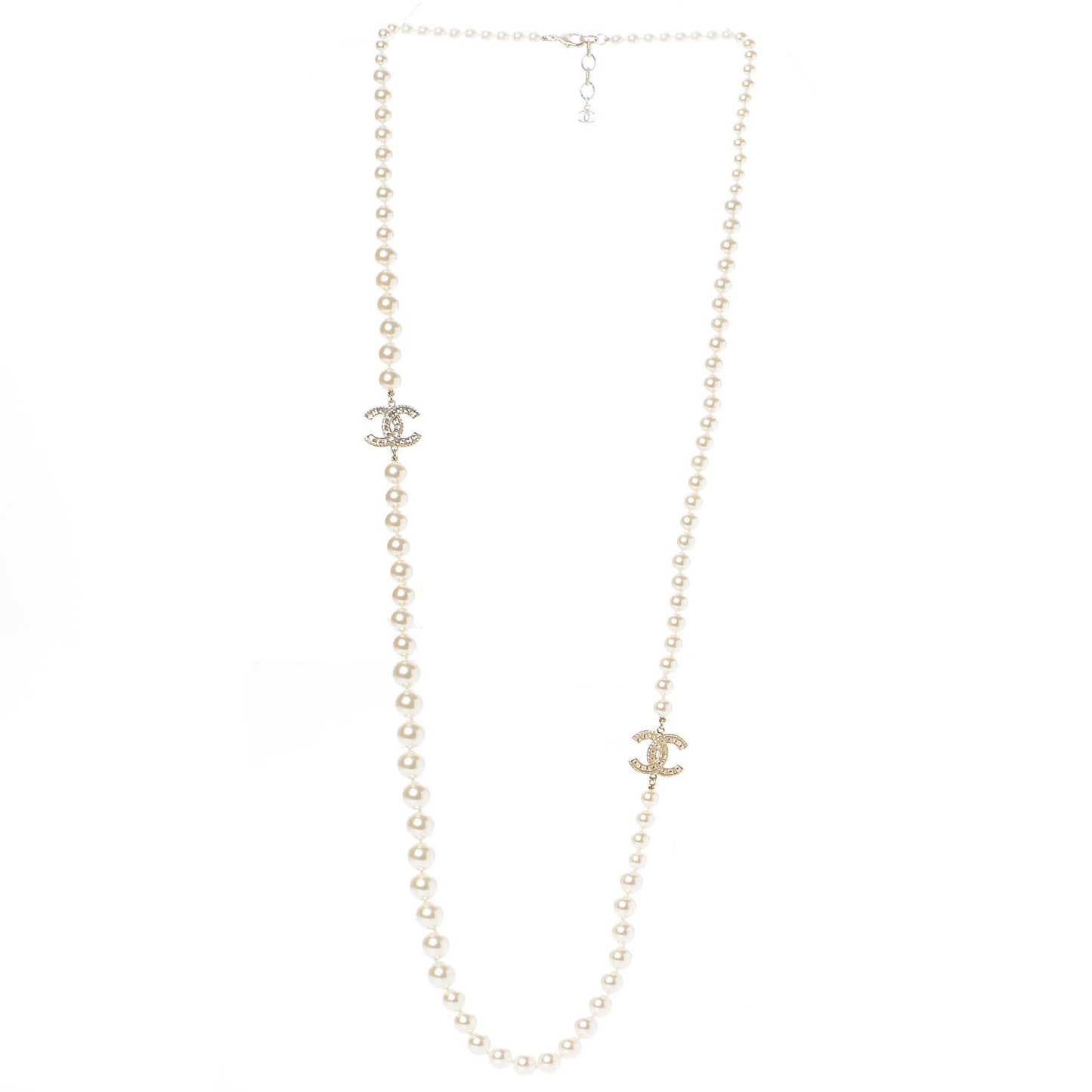 Pearl Baguette Crystal CC Long Necklace Gold