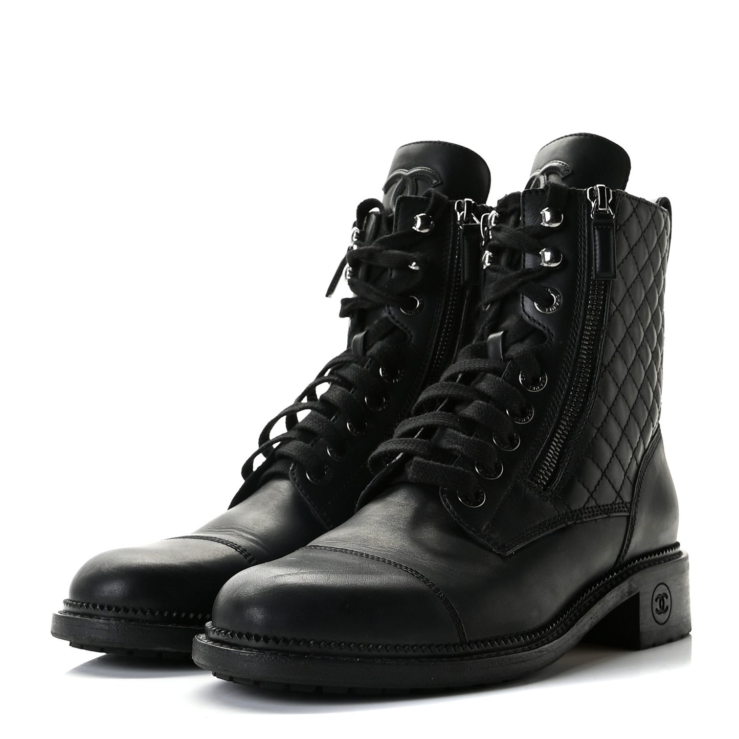 Calfskin Quilted Lace Up Combat Boots 39.5 Black