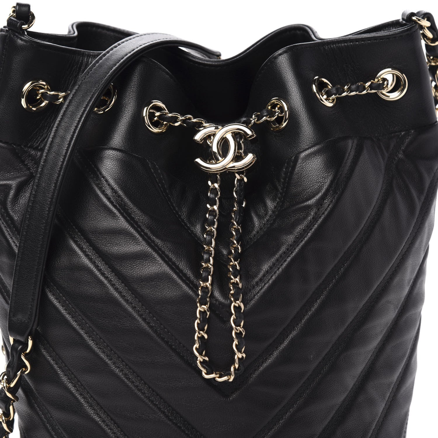 Chanel Lambskin Chevron Small Drawstring Bag Black 10 of 11