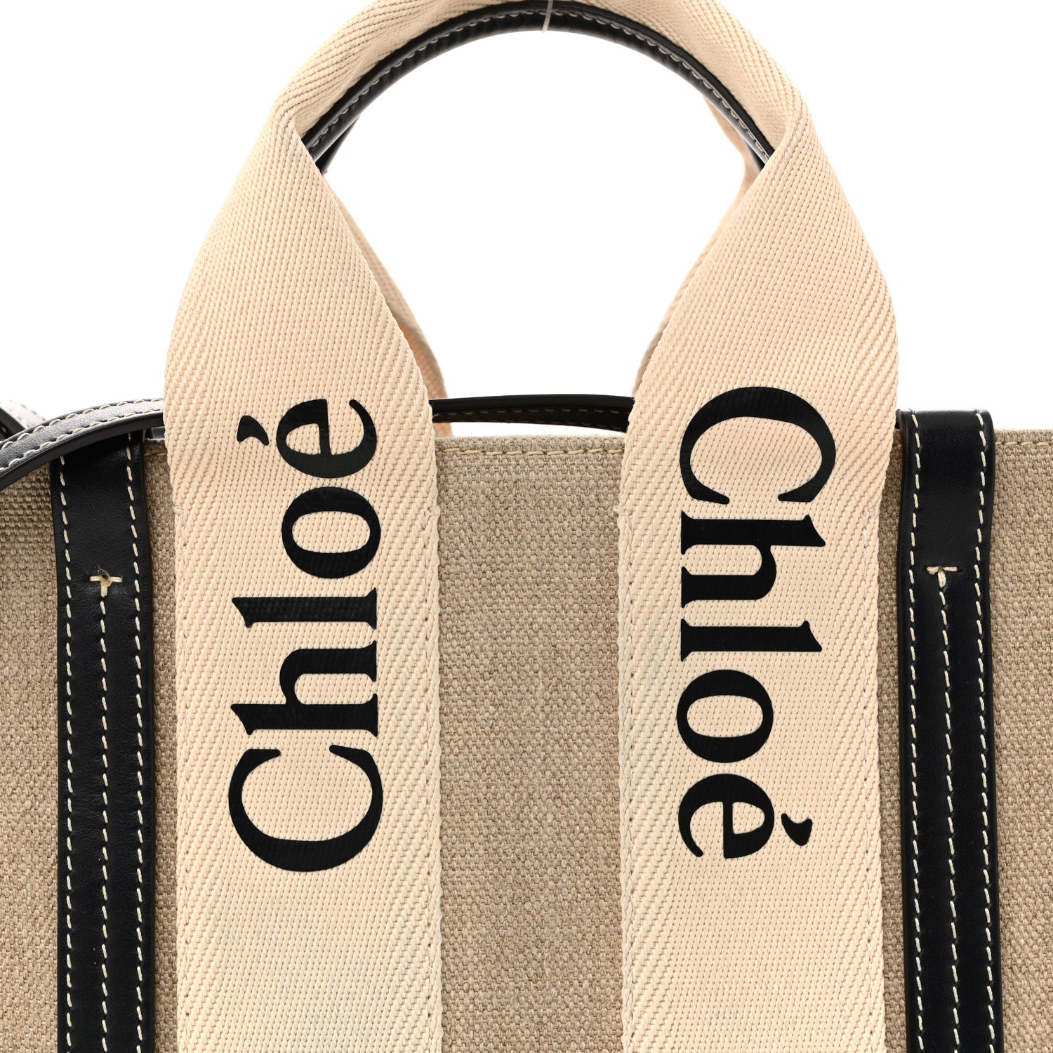 Chloe Linen Calfskin Small Woody Ribbon Tote White Black 8 of 10