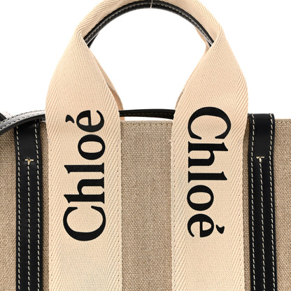 Chloe Linen Calfskin Small Woody Ribbon Tote White Black 8 of 10