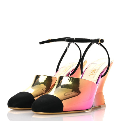 Chanel Laminated Calfskin Grosgrain Cap Toe CC Wedge Pumps 39 Pink Orange Yellow Black 4 of 13