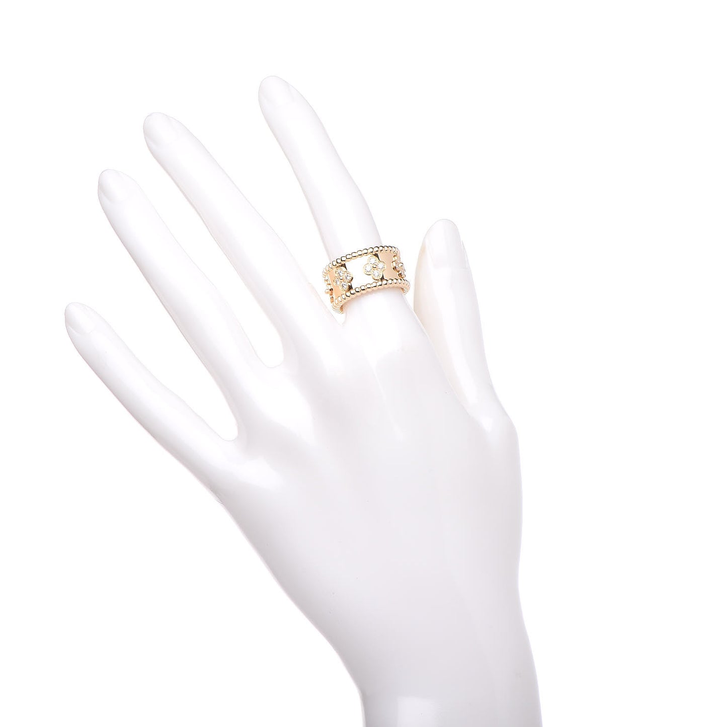 18K Yellow Gold Diamond Perlee Clovers Ring 50 5.25