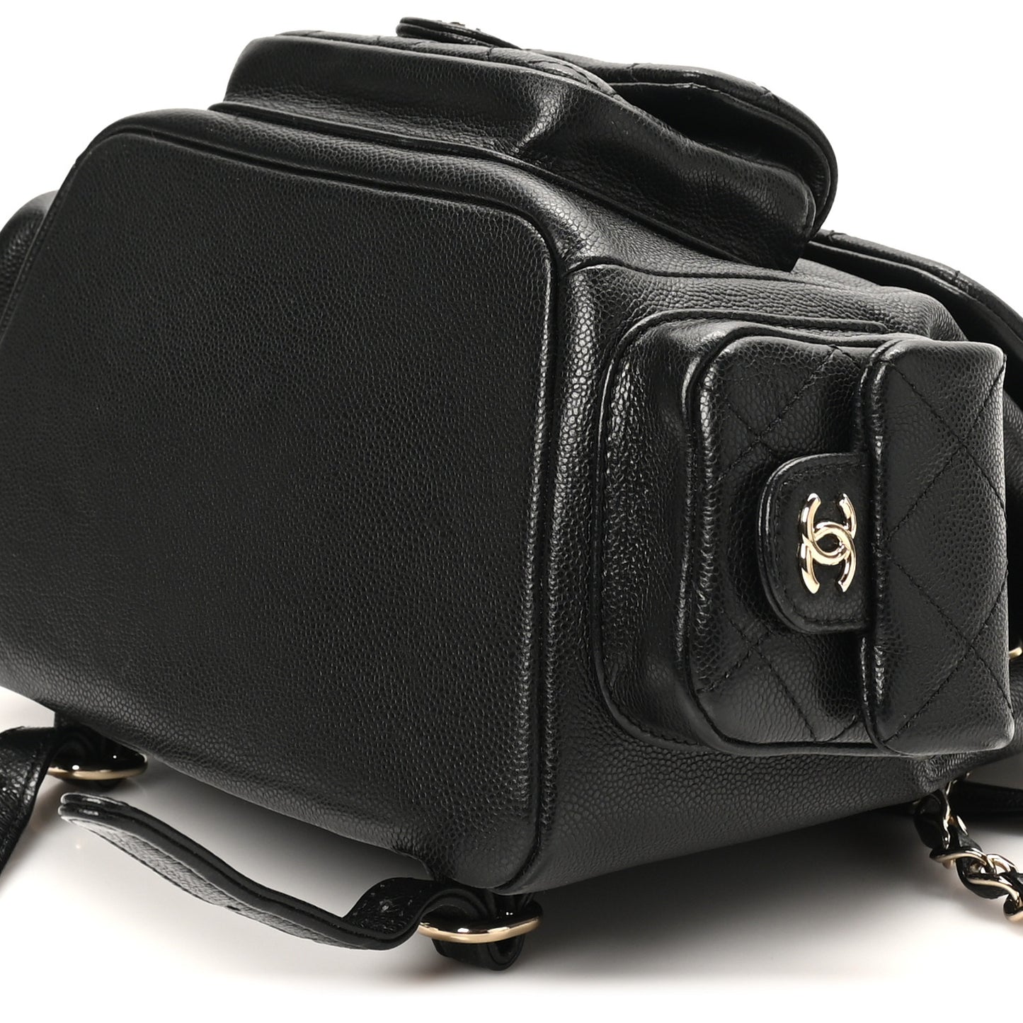 Shiny Caviar Quilted Small Pockets Drawstring Backpack Black