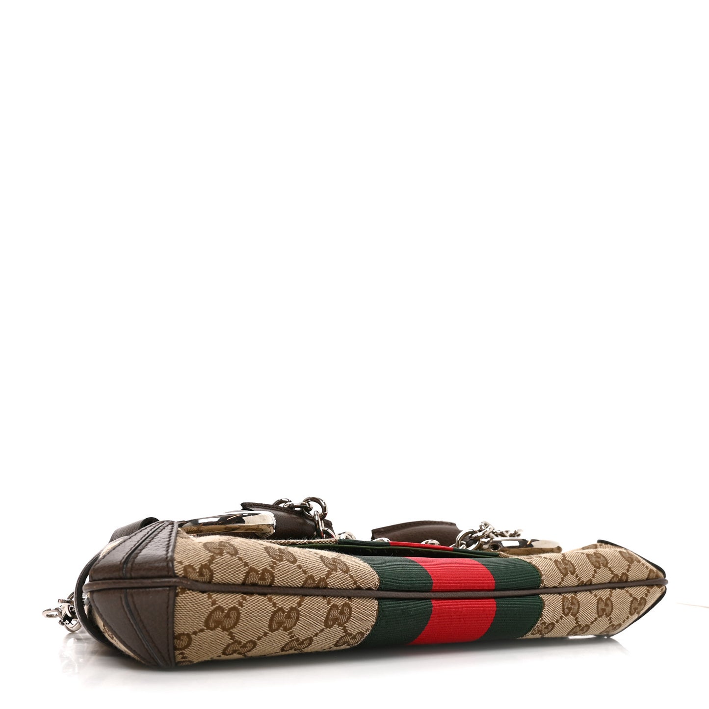 Monogram Textured Dollar Calfskin Heavy Grosgrain Web Medium Maxi Horsebit Chain Shoulder Bag Beige Ebony New Acero