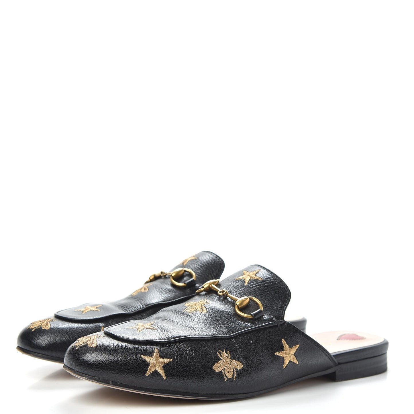 Goatskin Bee Star Embroidered Womens Princetown Slippers 37.5 Black