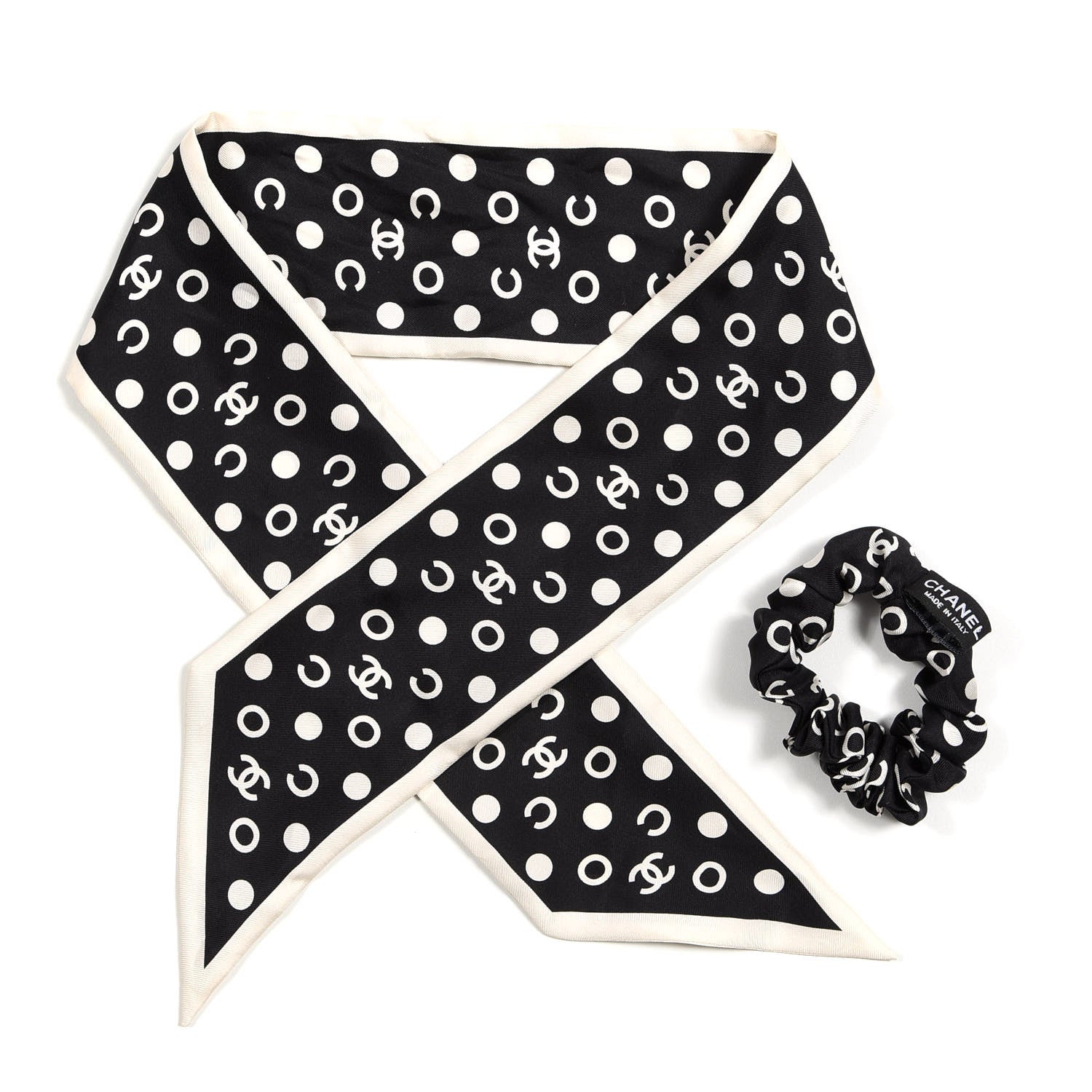Chanel Silk CC Twilly Hair Tie Black White 1 of 6