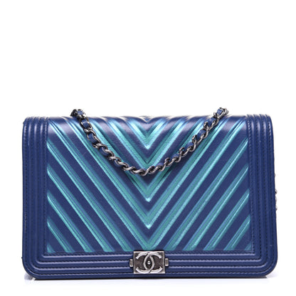 Chanel Calfskin Painted Chevron Embossed Boy Wallet On Chain WOC Navy 2 of 27