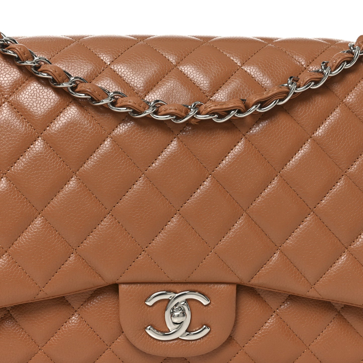 Caviar Quilted Maxi Double Flap Light Brown