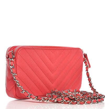 Chanel Caviar Chevron Quilted Small Clutch With Chain Light Red 3 of 11