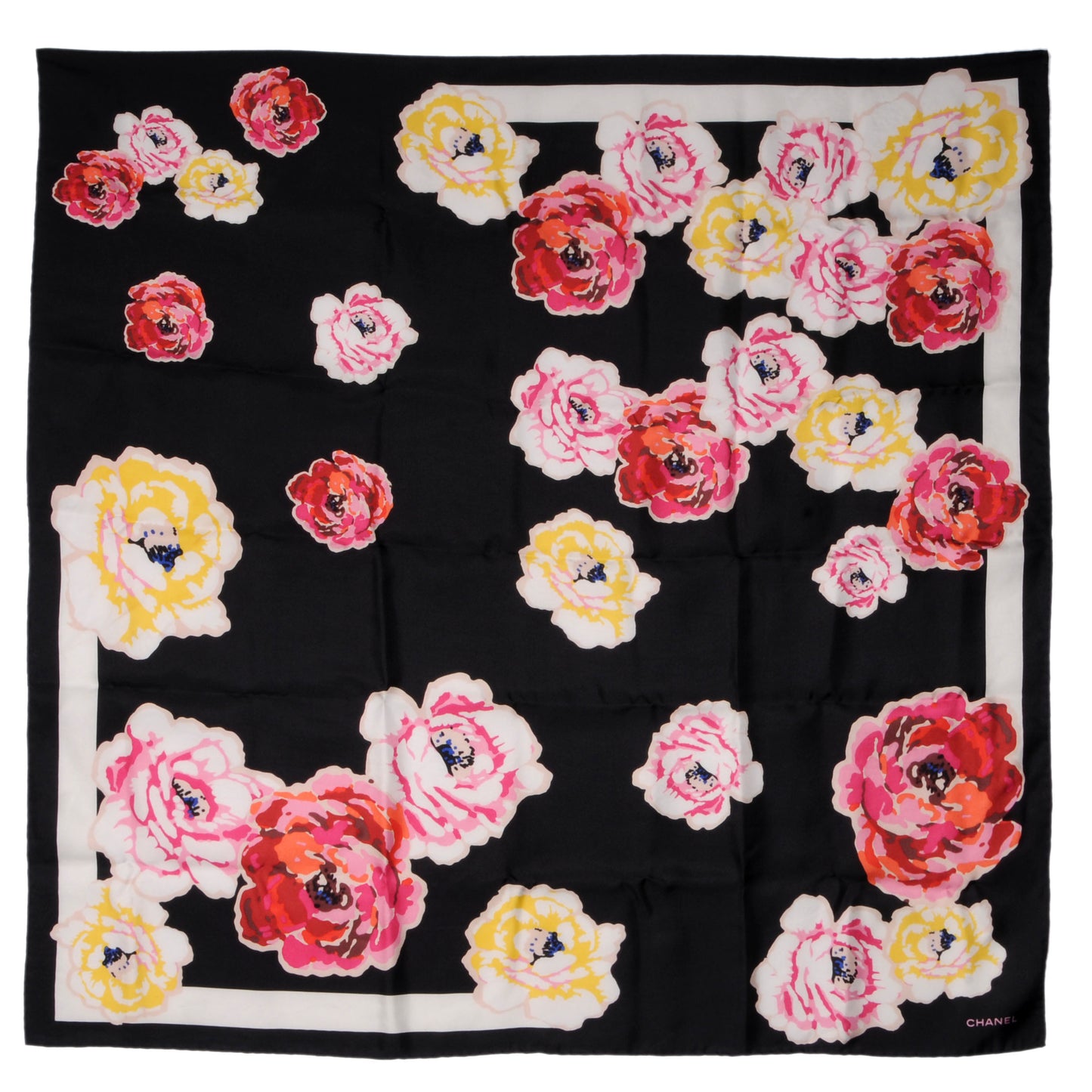 Silk Camellia Flower Scarf Black