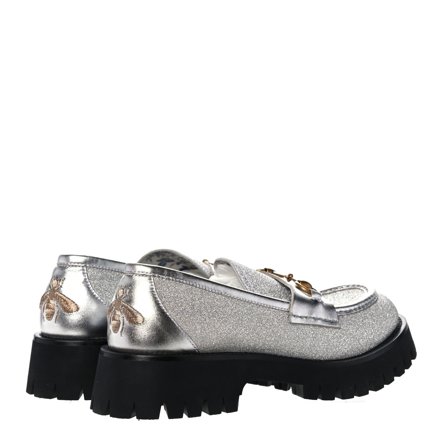 Gucci Mini Diamond Storm Silk Calfskin Womens Harald Horsebit 25mm Platform Loafers 40 Silver 4 of 10