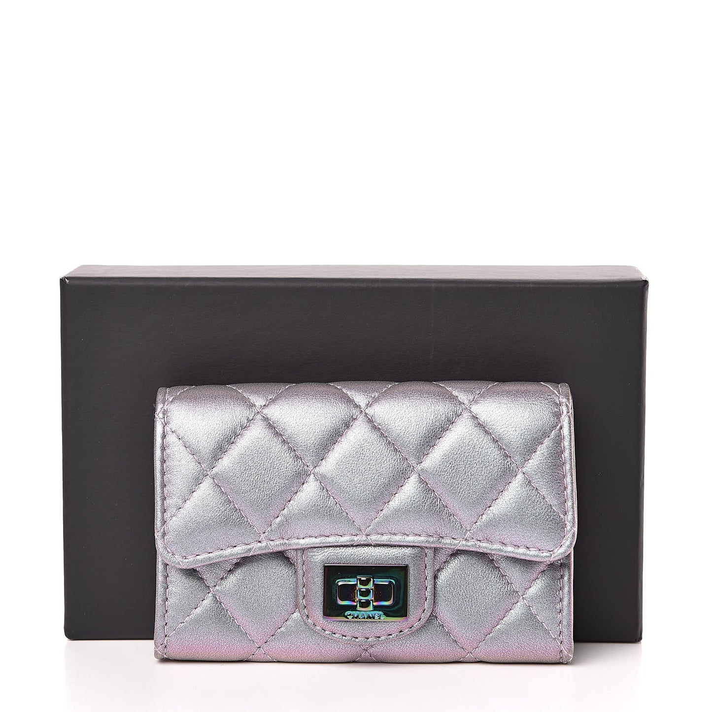 Iridescent Lambskin Quilted Reissue Flap Card Holder Light Purple