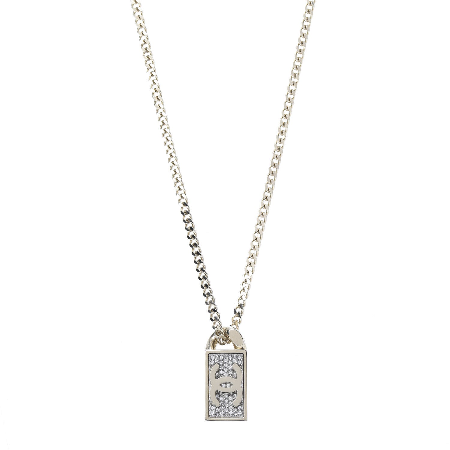 Chanel Crystal Dog Tag Charm Necklace Gold 1 of 5