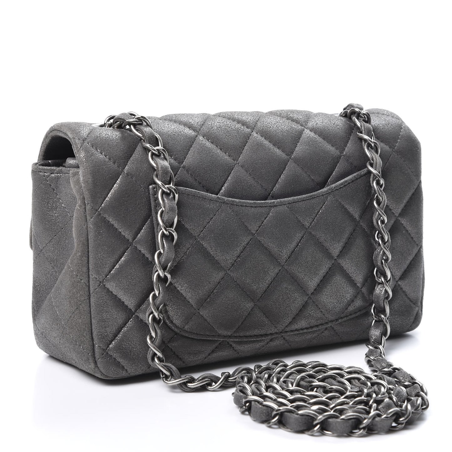 Iridescent Calfskin Quilted Mini Rectangular Flap Charcoal Grey