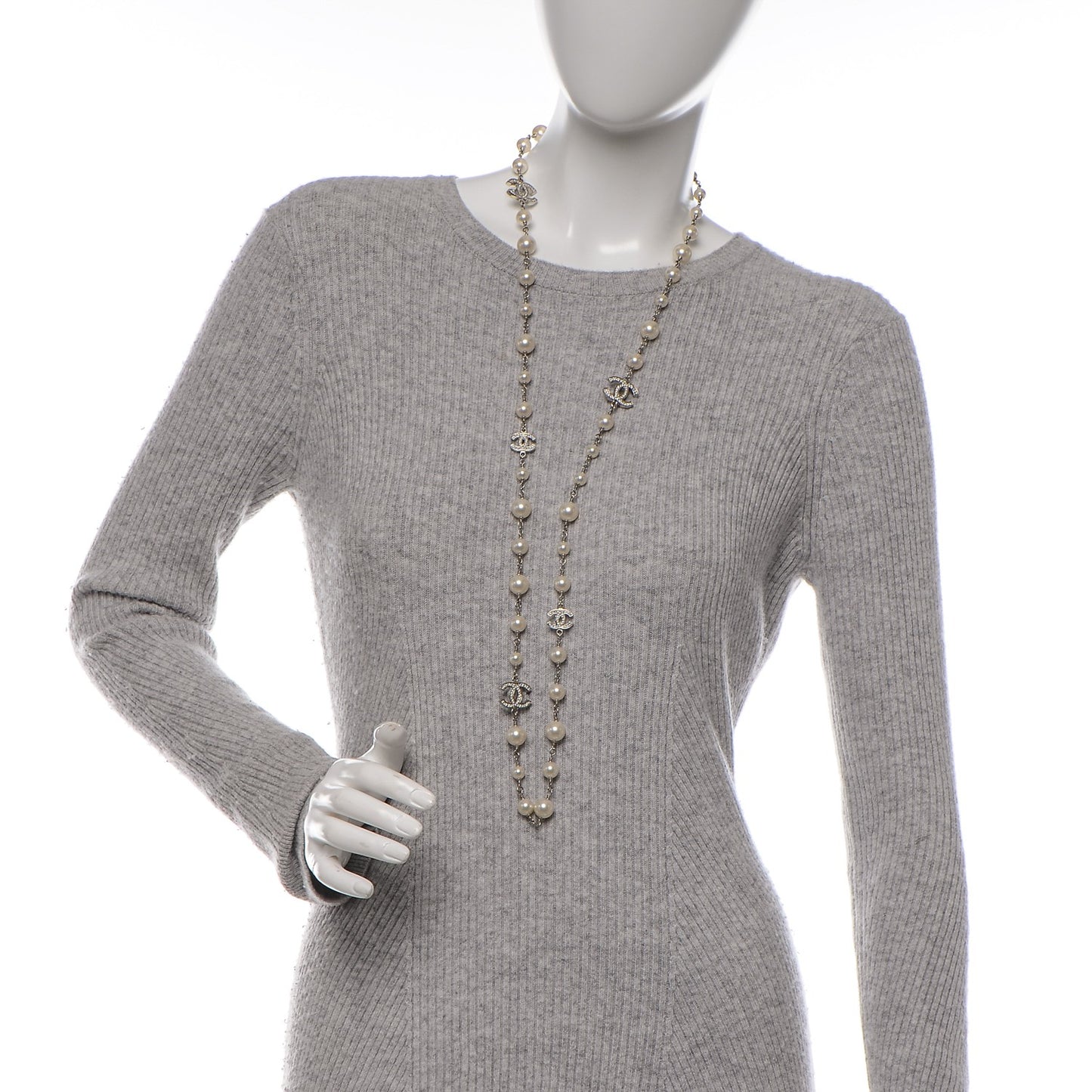 Crystal Pearl CC Long Necklace Silver