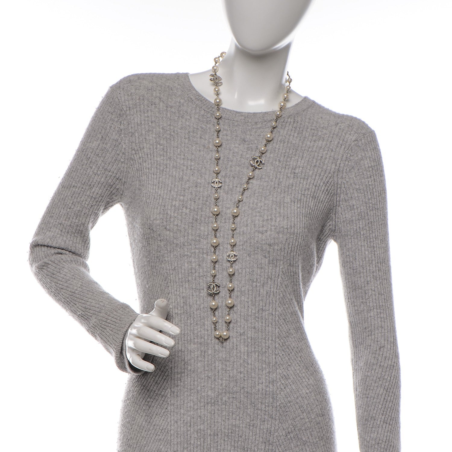 Chanel Crystal Pearl CC Long Necklace Silver 2 of 6
