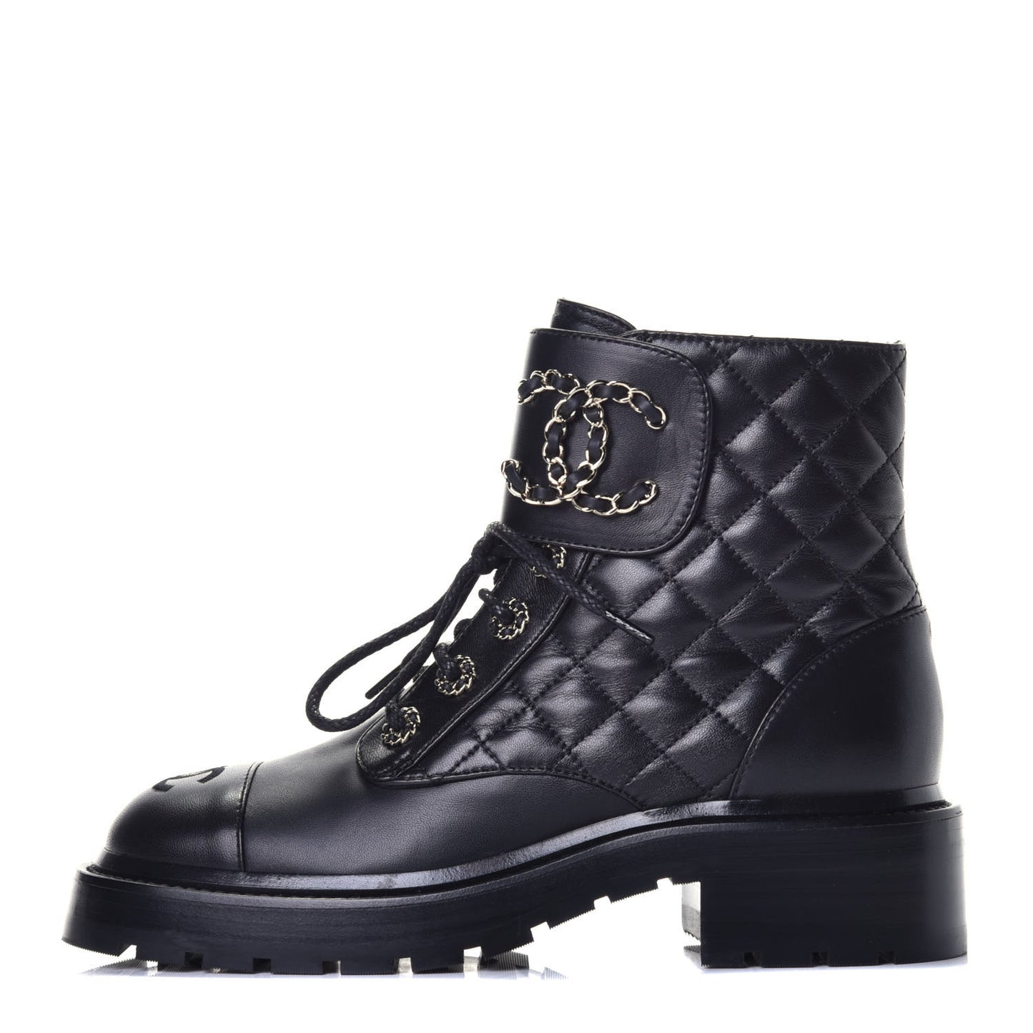 Shiny Lambskin Quilted Lace Up Combat Boots 36 Black