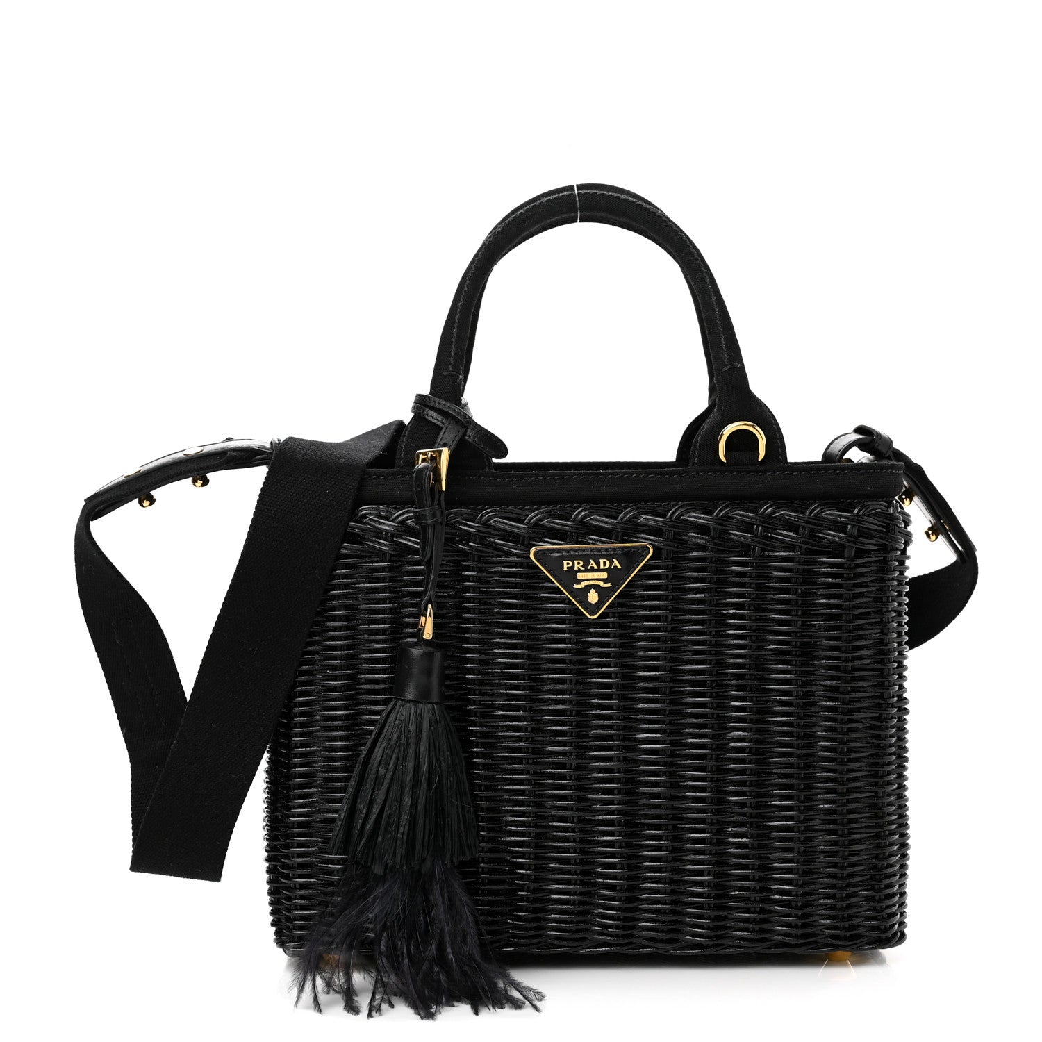 Prada Wicker Canvas Shoulder Bag Black 1 of 10