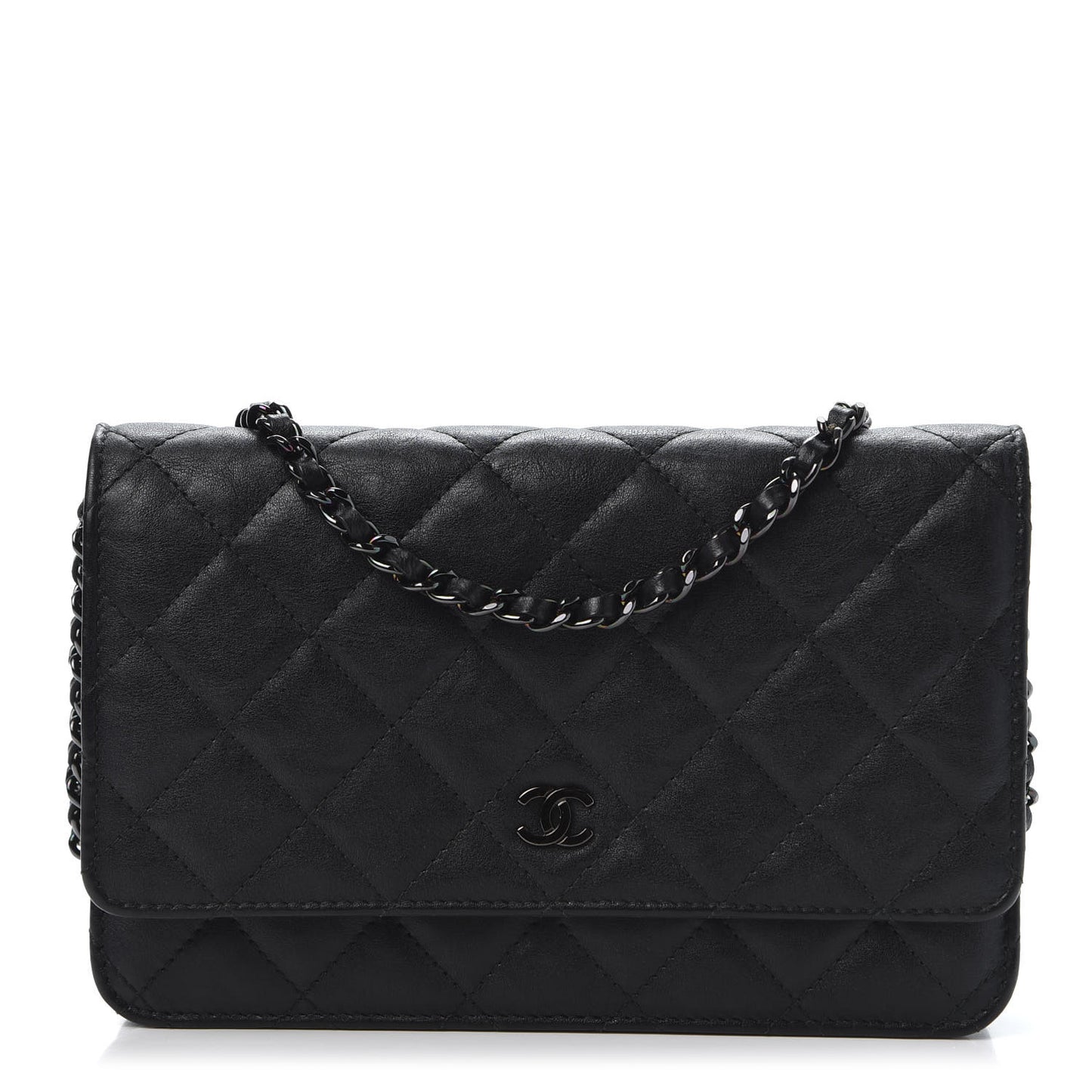 Crumpled Calfskin Quilted Wallet On Chain WOC So Black