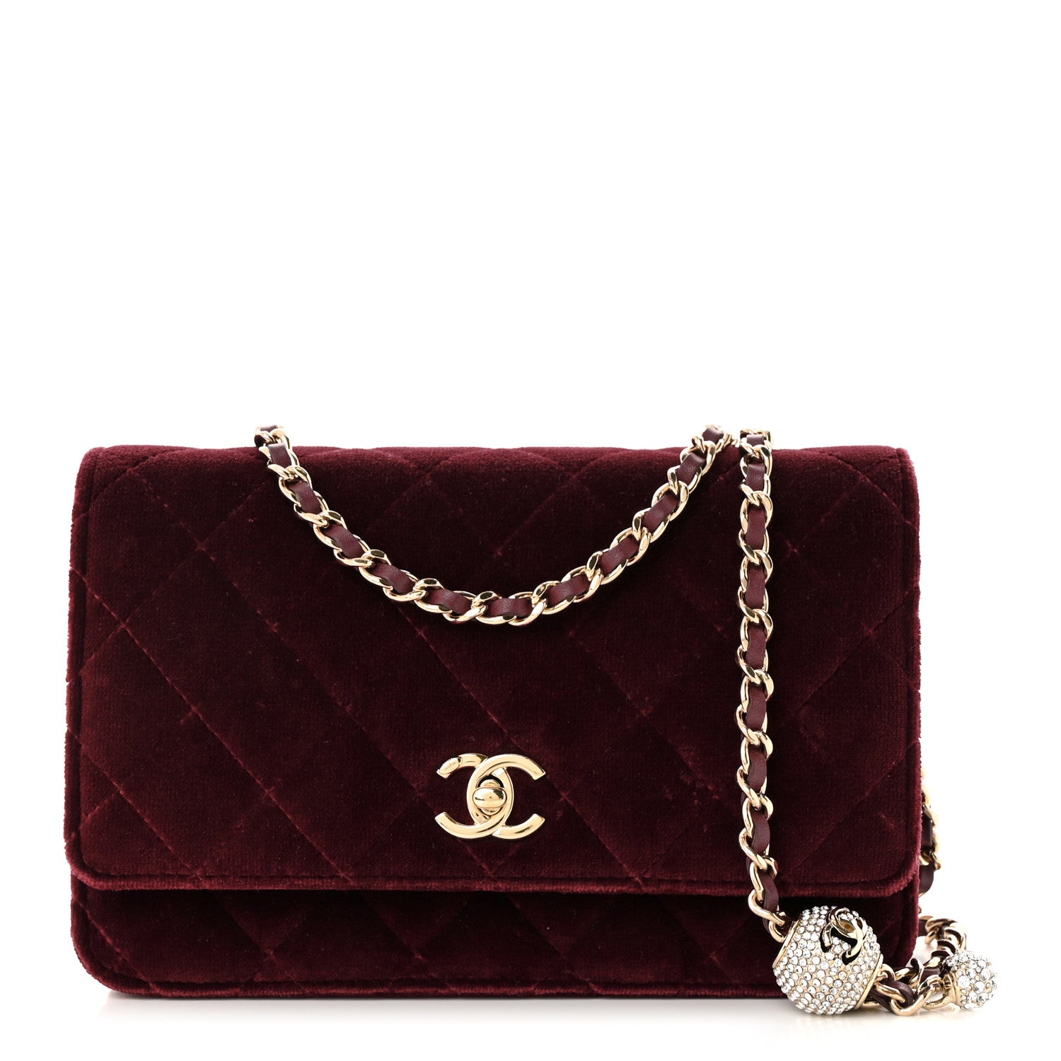 Chanel Velvet Quilted Pearl Crush Wallet On Chain WOC Burgundy 1 of 12