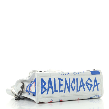 Balenciaga Agneau Graffiti All Over Classic Hardware Mini City White Bleu Rouge 4 of 9