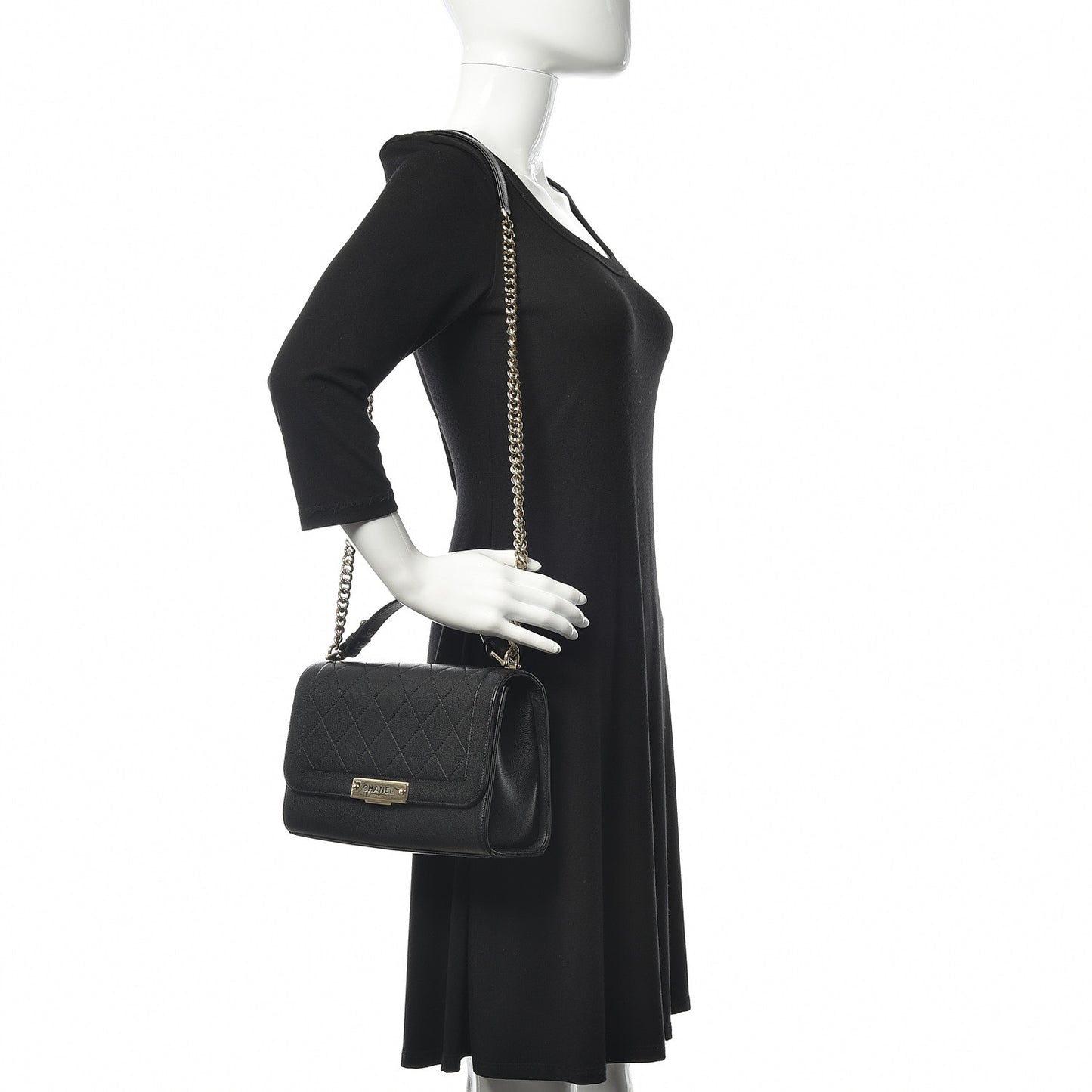 Grained Calfskin Quilted Medium Label Click Flap Bag Black
