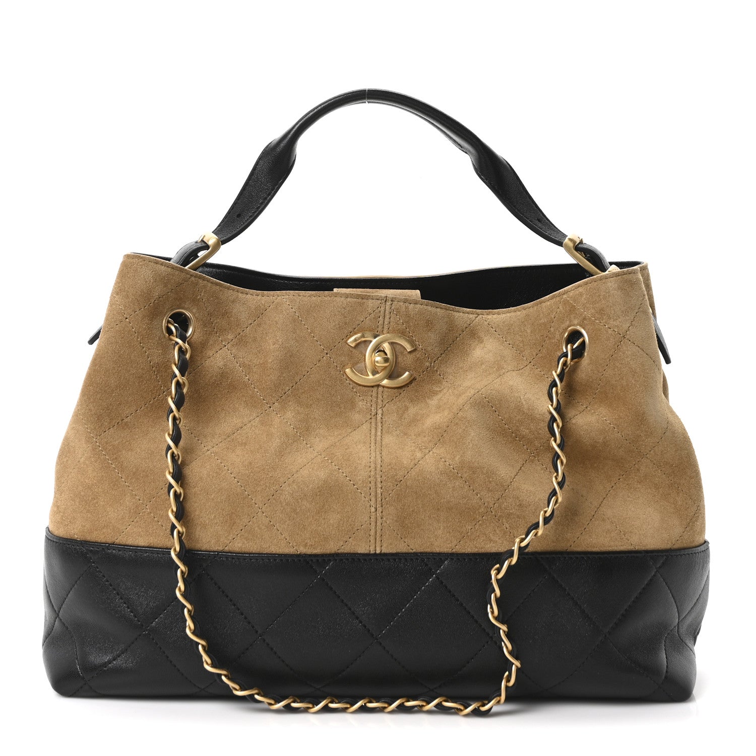 Chanel Suede Calfskin Shiny Lambskin Quilted Small Coco Base Shopping Bag Beige Black 1 of 11