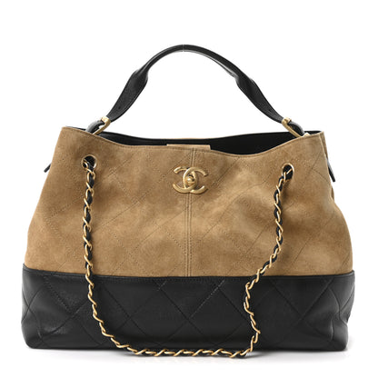 Chanel Suede Calfskin Shiny Lambskin Quilted Small Coco Base Shopping Bag Beige Black 1 of 11