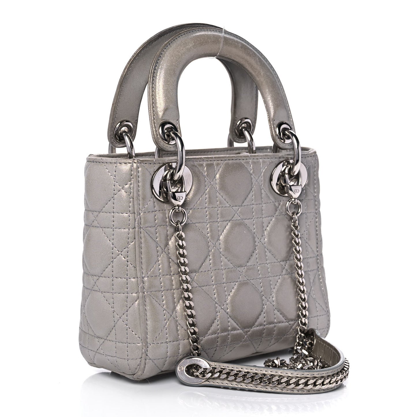 Metallic Lambskin Cannage Mini Lady Dior Silver