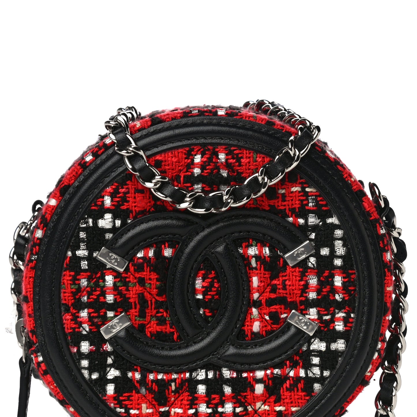 Tweed Quilted Round Filigree Clutch With Chain Red Black