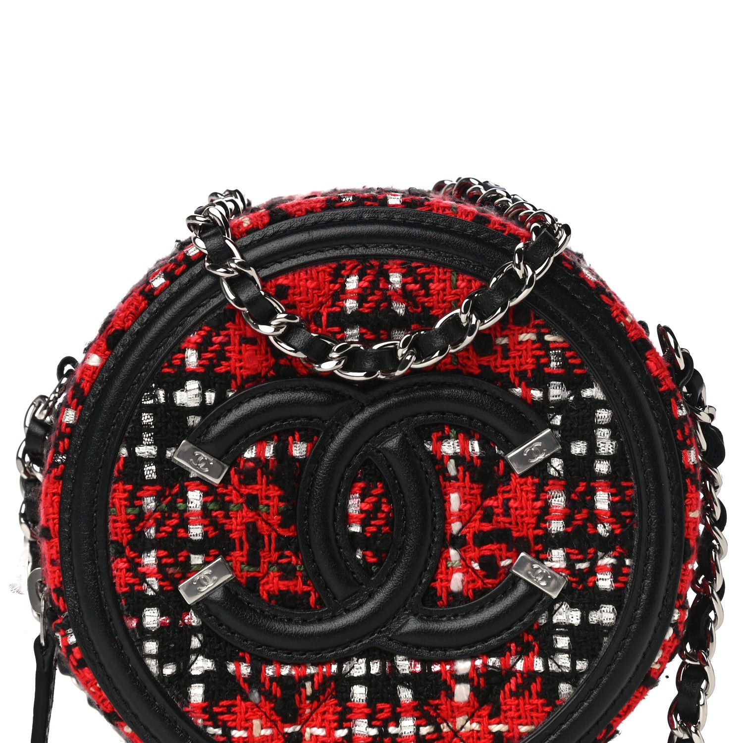 Chanel Tweed Quilted Round Filigree Clutch With Chain Red Black 9 of 13