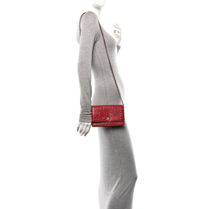 Chanel Lambskin Camellia Embossed Wallet on Chain WOC Red 2 of 11