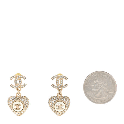 Chanel Pearl Crystal CC Heart Drop Earrings Gold White 2 of 5