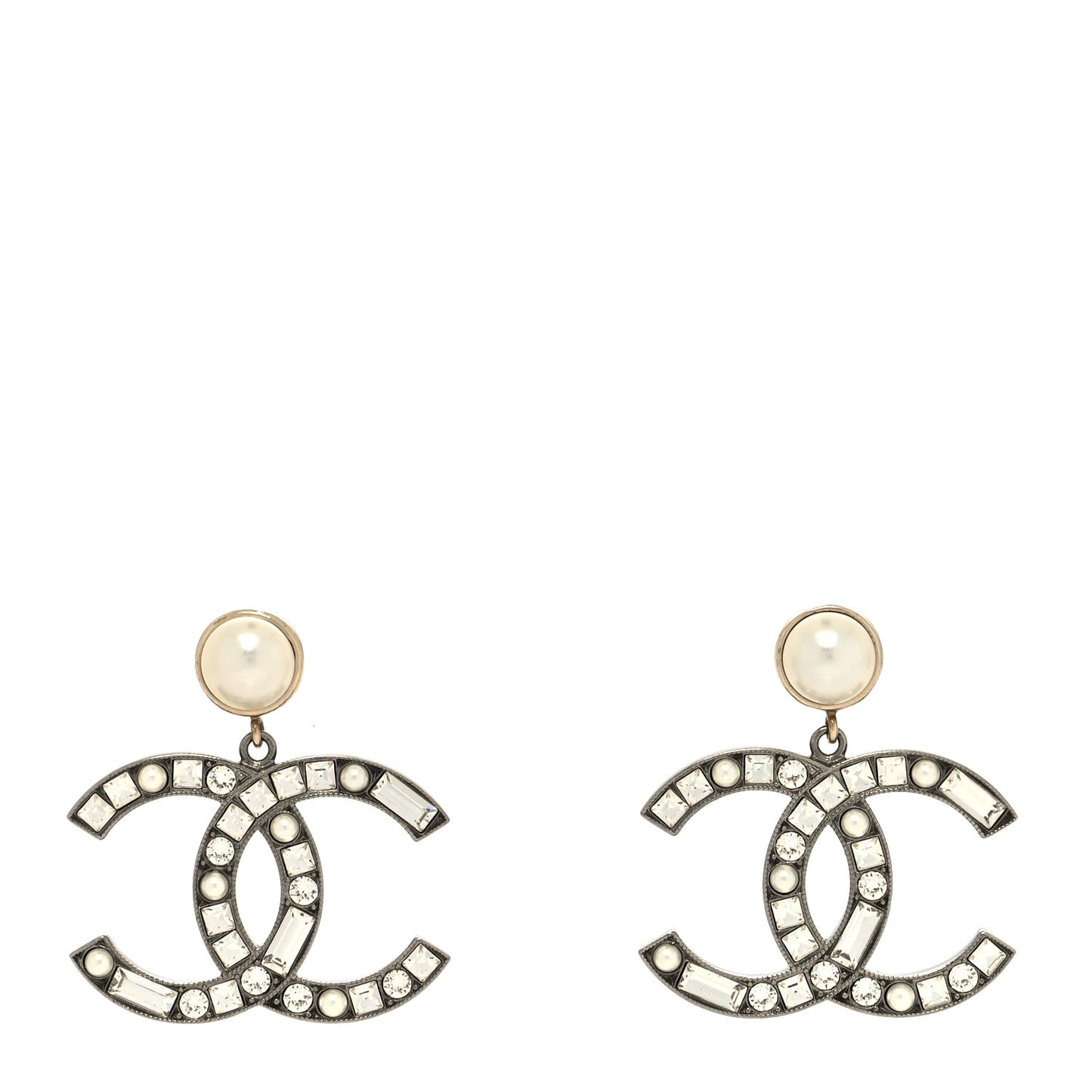 Crystal Baguette Pearl Bright Young Things CC Drop Earrings Silver
