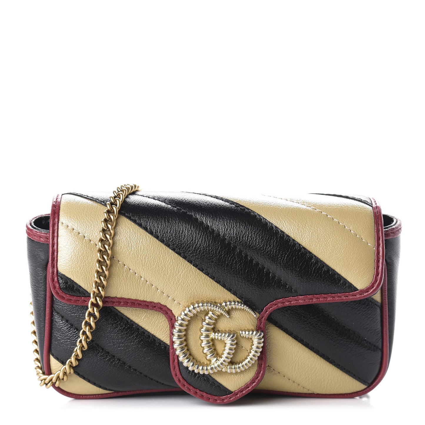 Vintage Effect Calfskin Matelasse Diagonal Striped Super Mini Torchon GG Marmont Shoulder Bag Black Beige