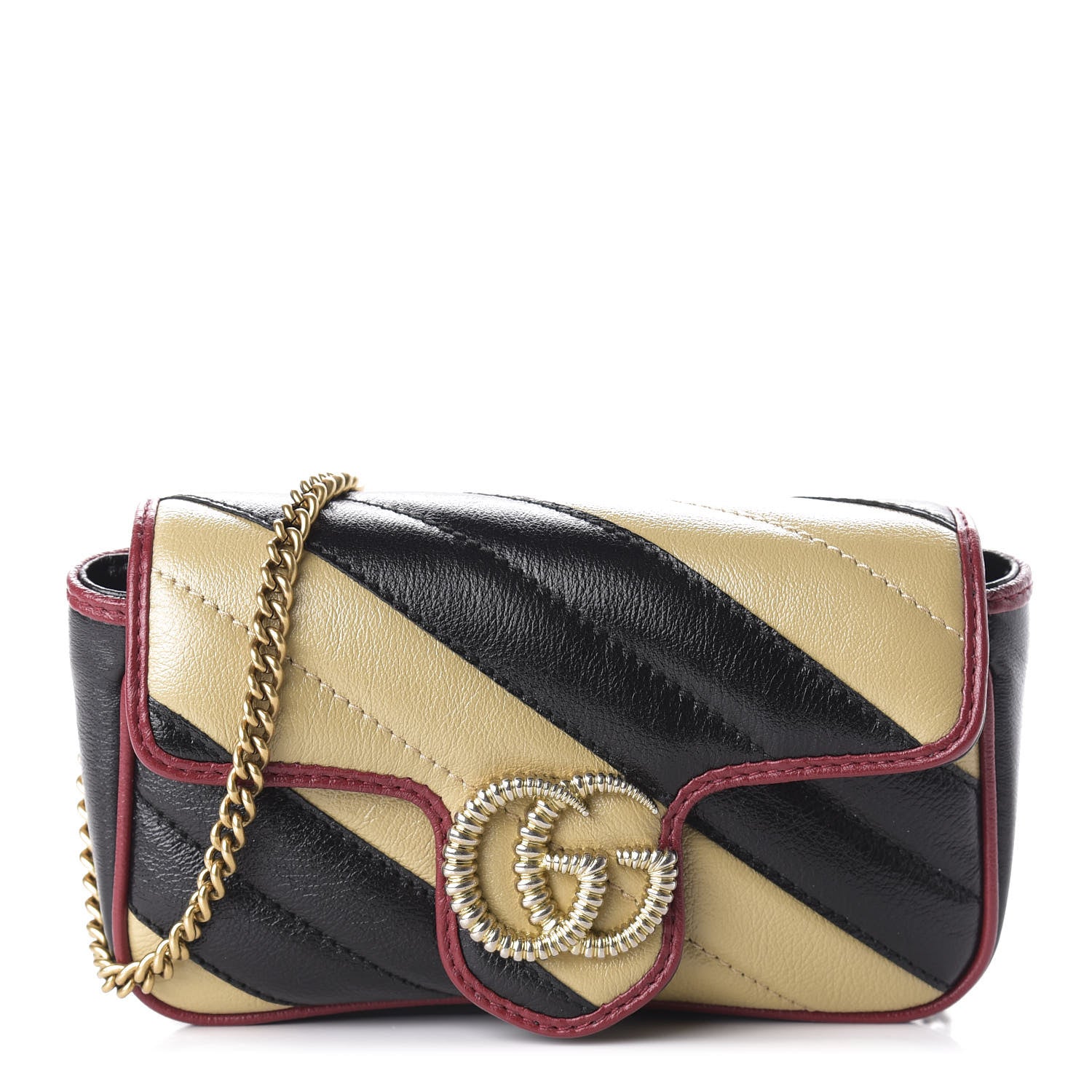 Gucci Vintage Effect Calfskin Matelasse Diagonal Striped Super Mini Torchon GG Marmont Shoulder Bag Black Beige 1 of 11