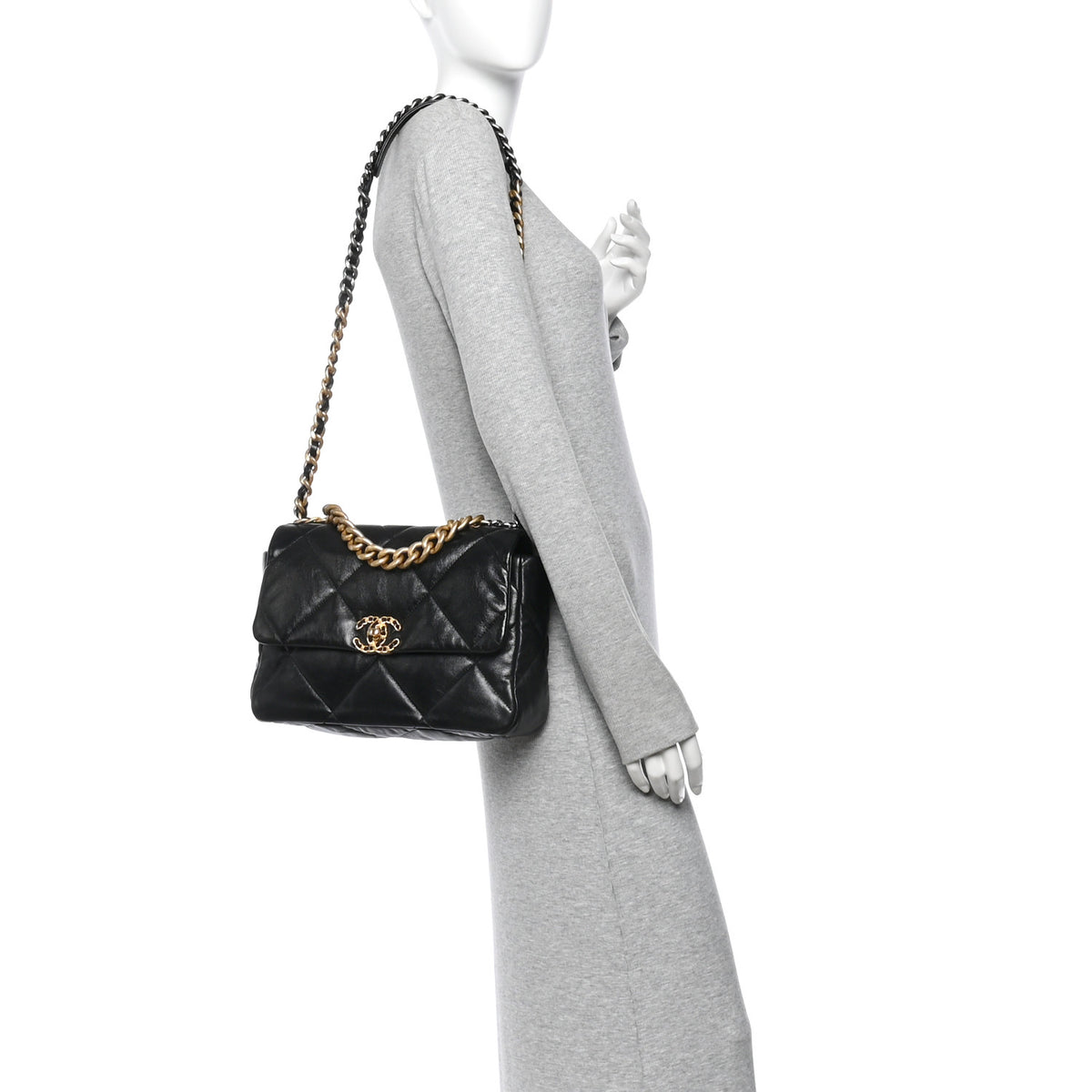 Shiny Goatskin Quilted Large Chanel 19 Flap Black