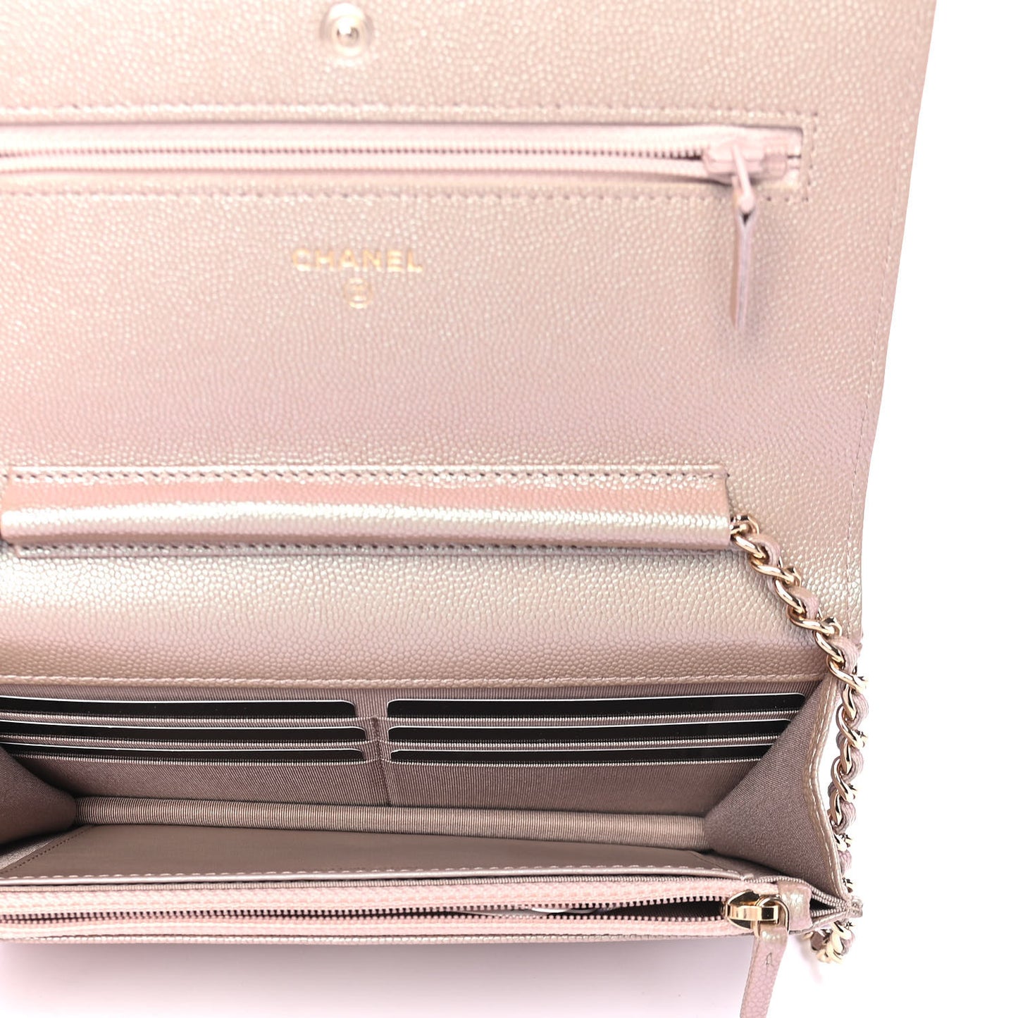 Iridescent Caviar Quilted Wallet On Chain WOC Beige
