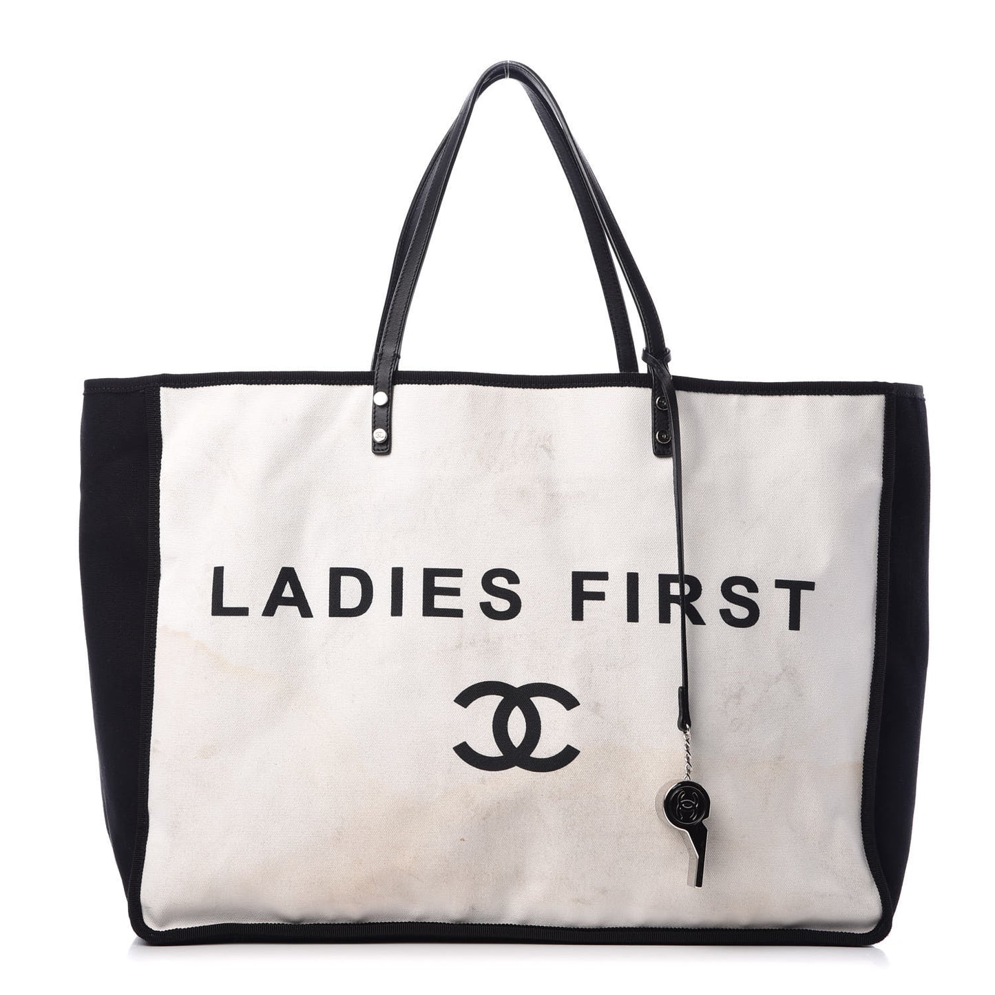 Canvas Calfskin Large Let's Demonstrate Tote White Black