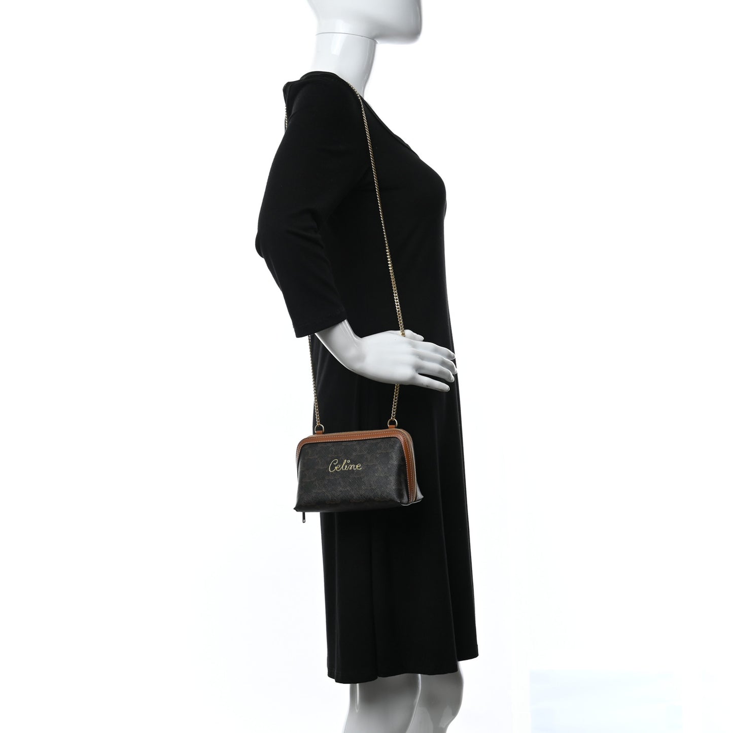 Lambskin Triomphe Canvas Embroidered Logo Clutch With Chain Tan