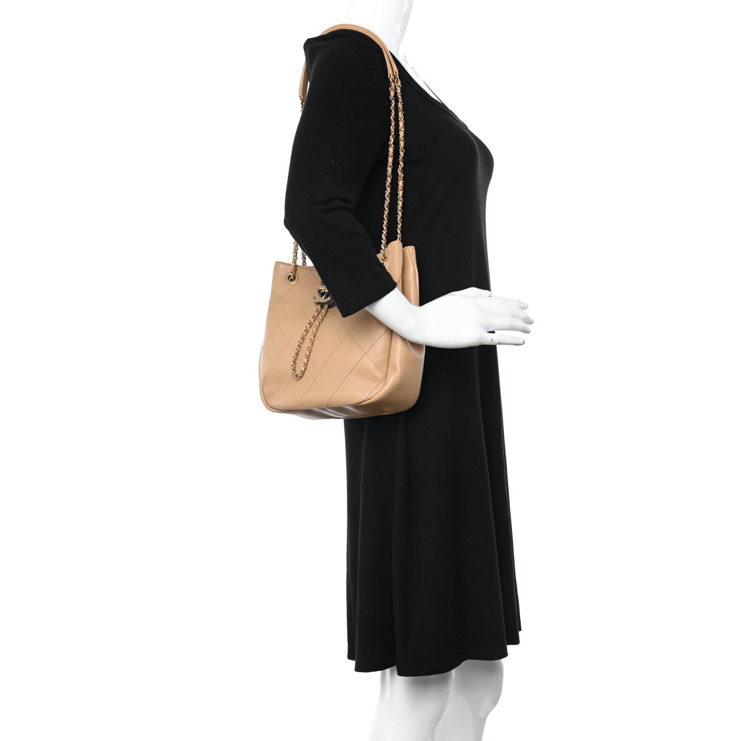 Calfskin Stitched Drawstring CC Bag Beige