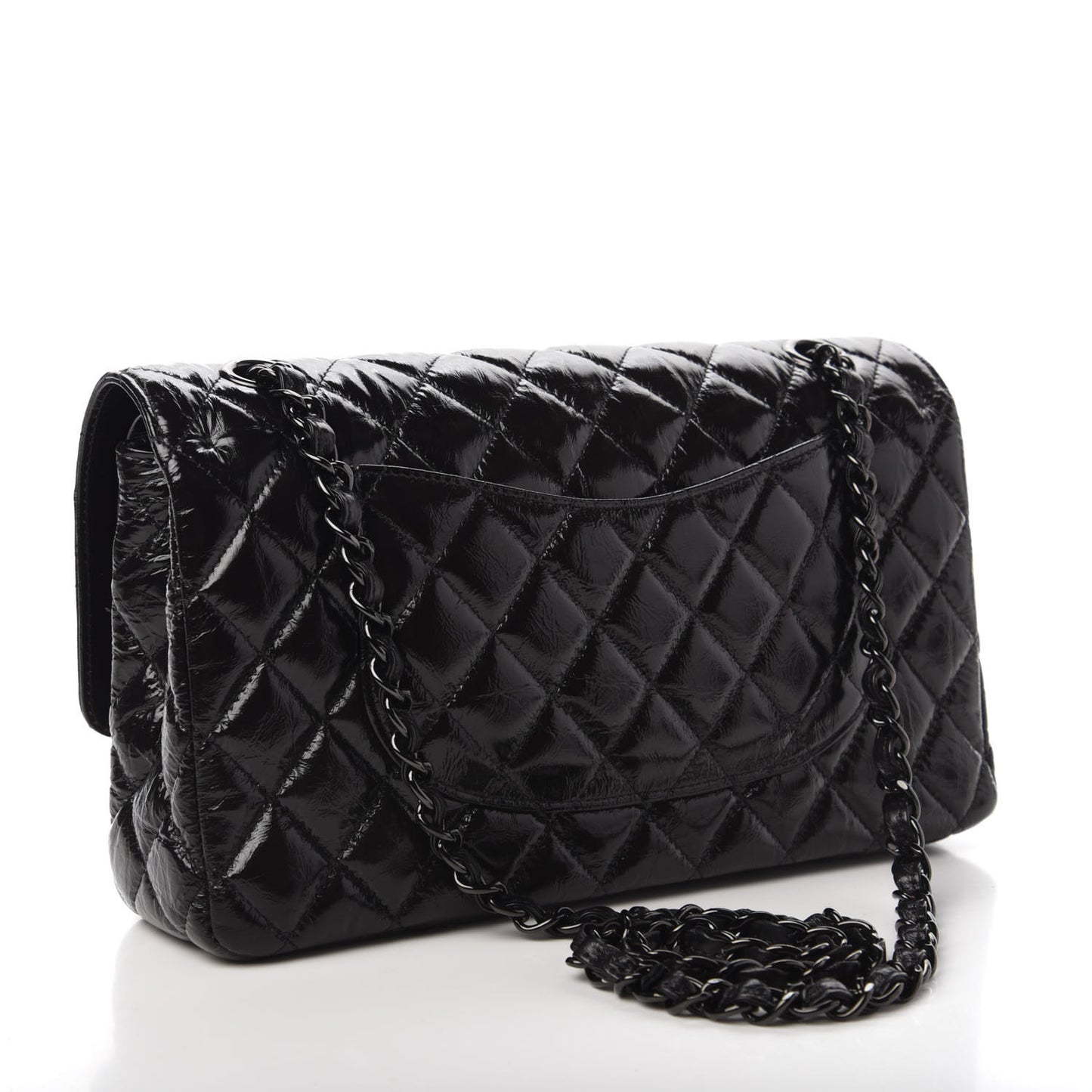 Shiny Crumpled Calfskin Quilted Medium Double Flap So Black