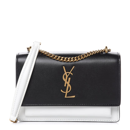 Saint Laurent New Aspen Calfskin Bi-Color Monogram Sunset Chain Wallet Black Dirty White 1 of 11
