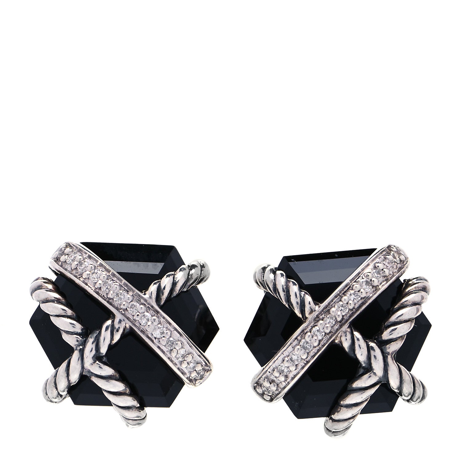 David Yurman Sterling Silver Diamond Black Onyx 11mm Cable Wrap Earrings 1 of 5