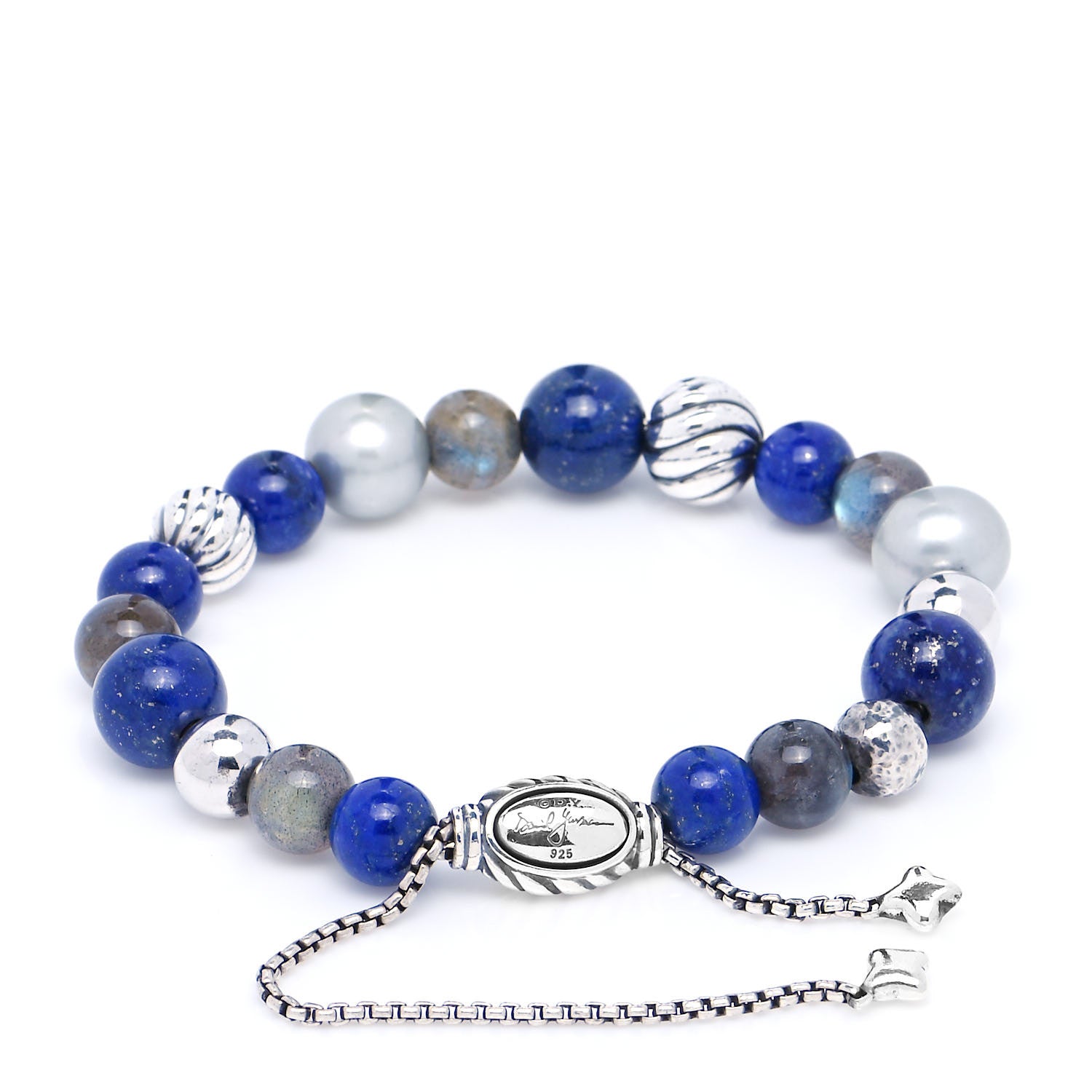 David Yurman Sterling Silver Lapis Lazuli Labradorite Gray Pearl 8mm Elements Bead Bracelet 3 of 4
