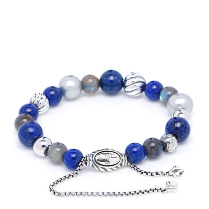 David Yurman Sterling Silver Lapis Lazuli Labradorite Gray Pearl 8mm Elements Bead Bracelet 3 of 4